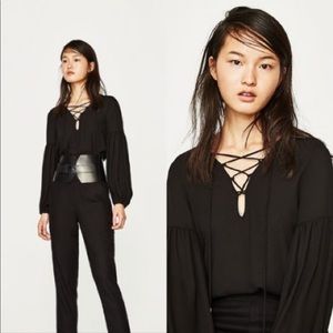 Zara Lace-Up Ballon Sleeve Bodysuit
